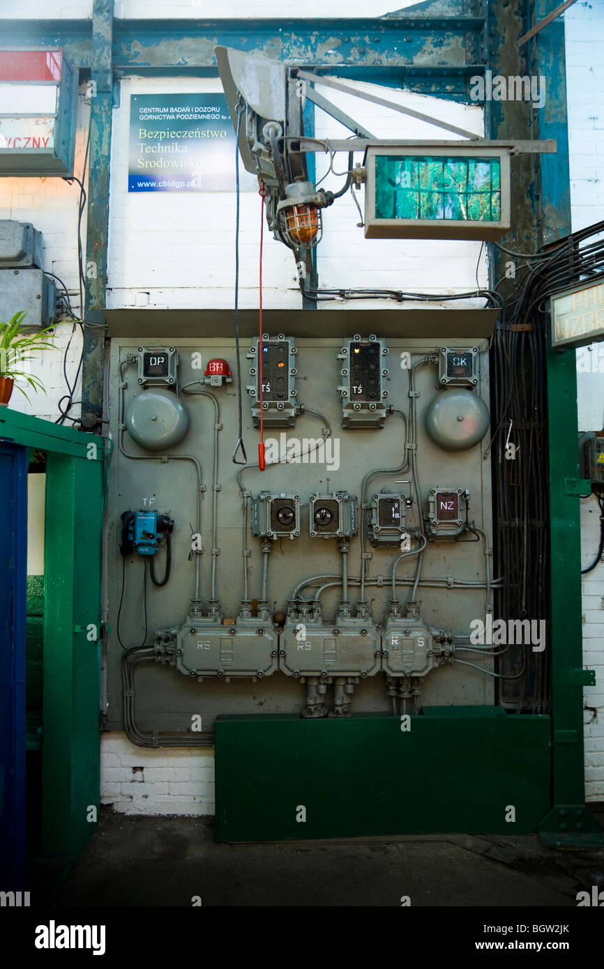 Lift controls / control panel board of the miners lift cage at the mine shaft: at the Guido coal mine museum. Zabrze. Poland. Stock Photo