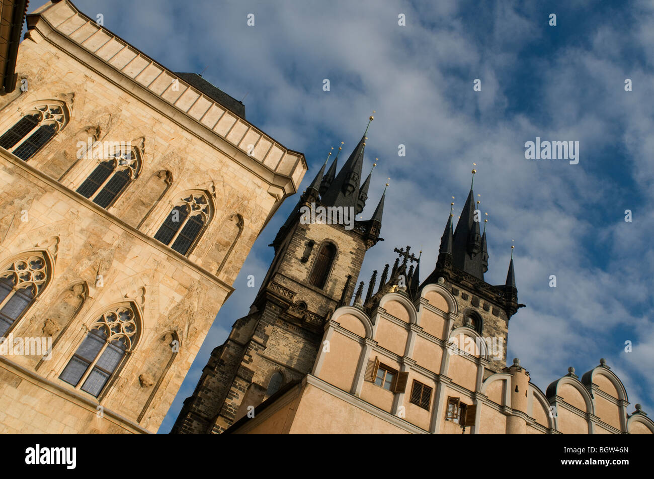 Kostel Matky Bozi pred Tynem or Tynsky chram The Church of Our Lady before Tyn in the Old town Square Prague Czech Stock Photo