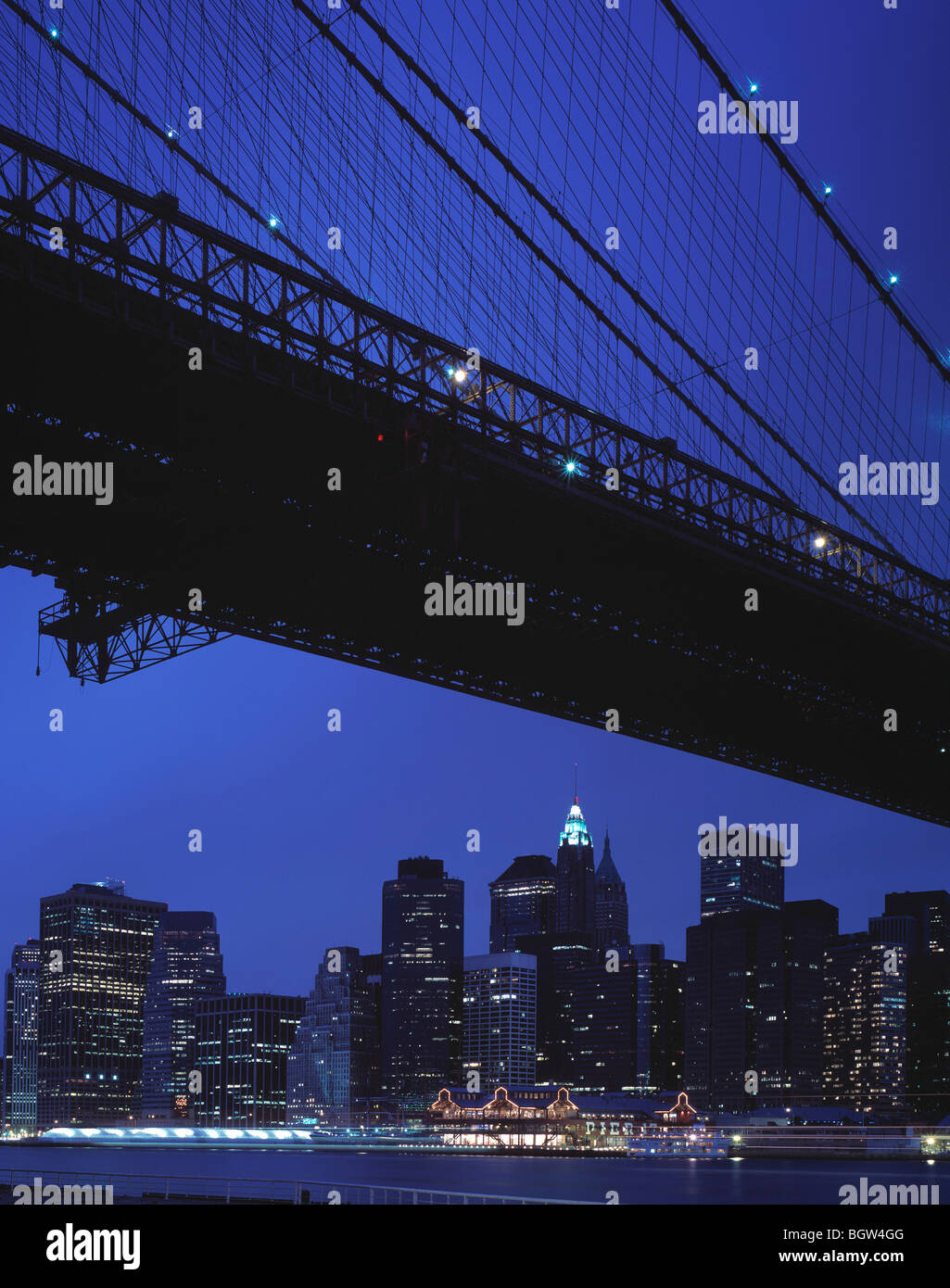 new york city view skyline brooklyn bridge with view of manhattan and wall street Stock Photo
