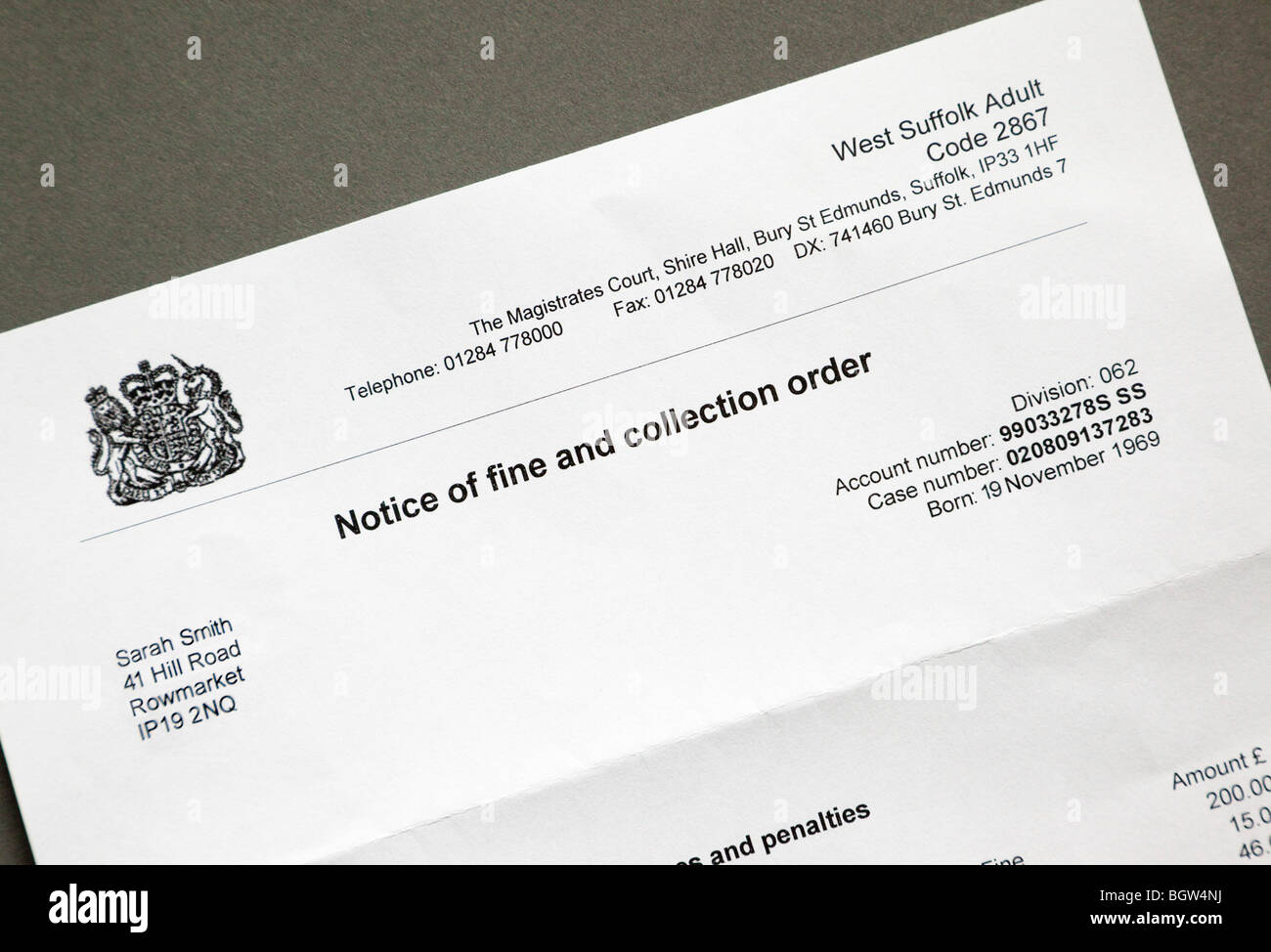 Notice of fine and collection order issued by a magistrates court Stock Photo