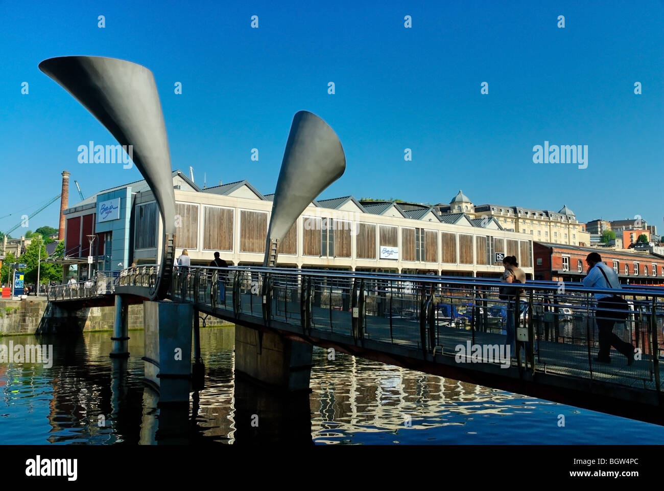 A view of central Bristol docks and Peros Footbridge on a very bright sunny day. Stock Photo