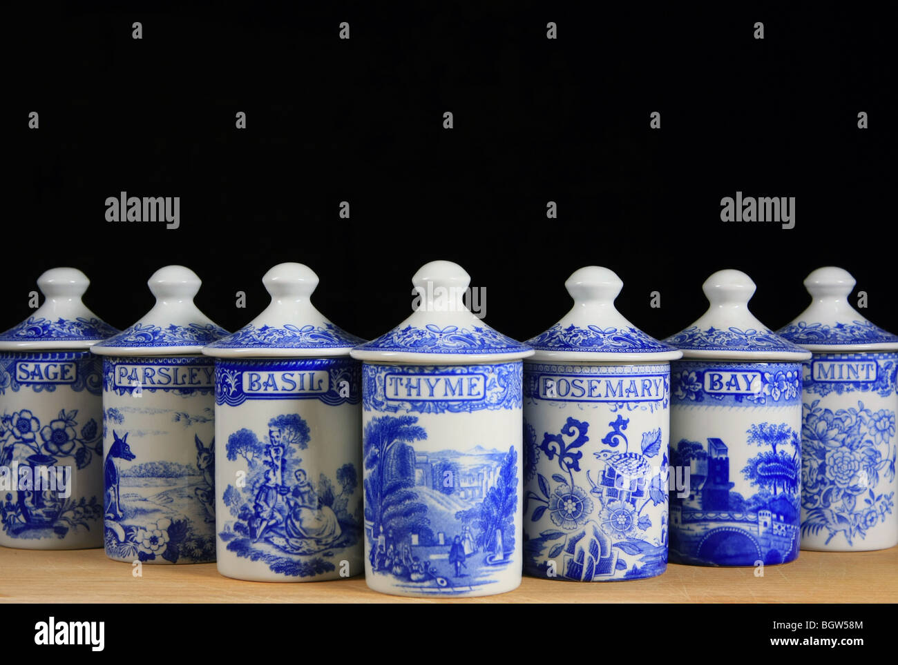 7 porcelain herb jars Stock Photo Alamy
