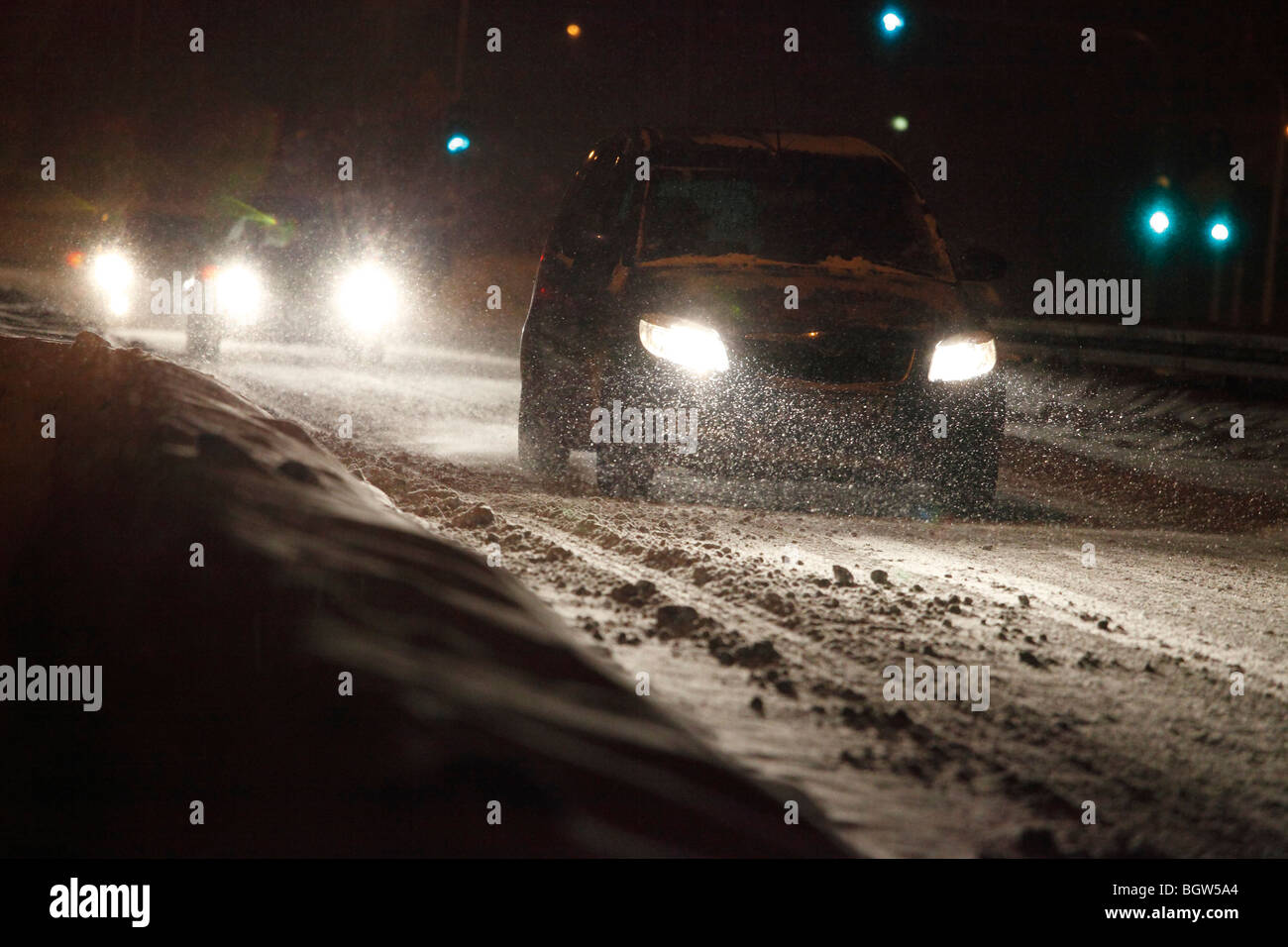 driving in heavy snowfall Stock Photo