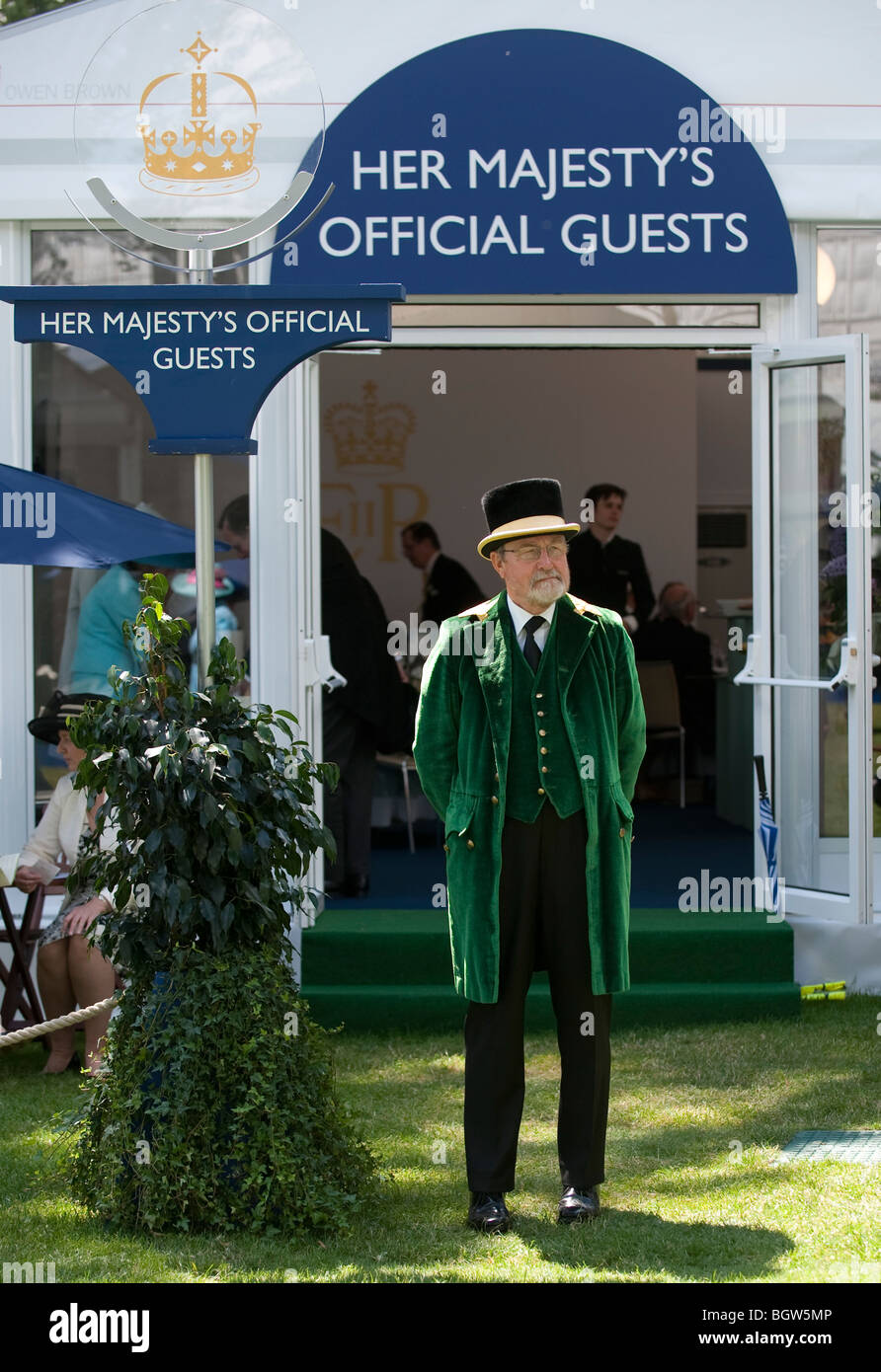 Doorman outside "Her Majesty Official Guests" marquee at Royal Ascot Stock Photo