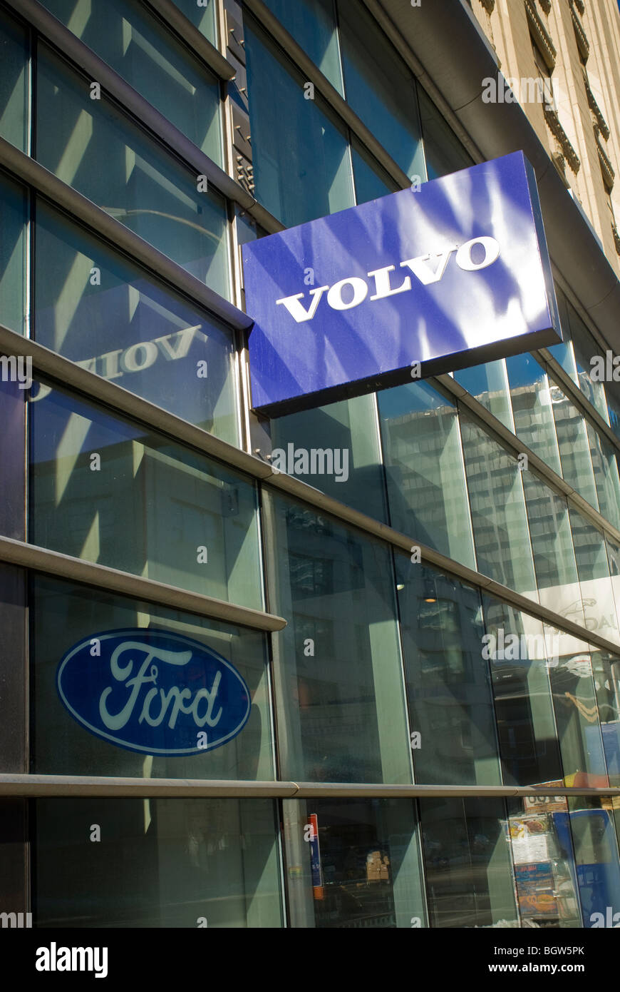 An automobile dealership selling Ford brands including Volvo is seen in