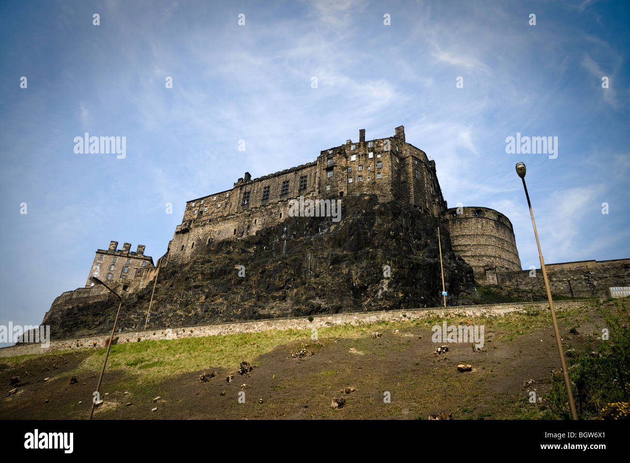 A south view of Edinburgh Castle from below on a clear summer day. Stock Photo