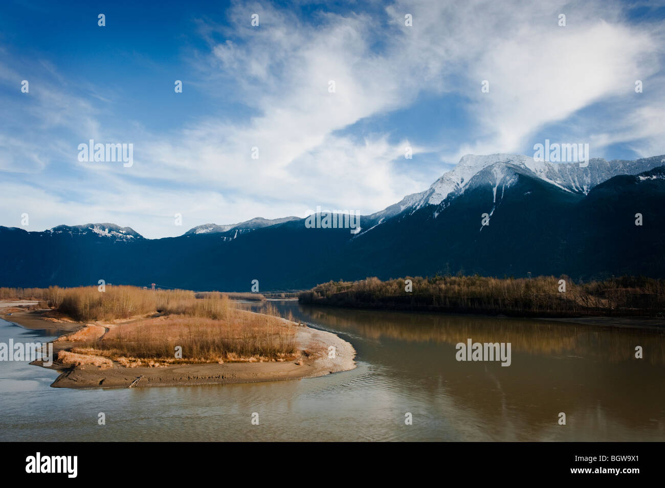 The Fraser River in the lower mainland area of British Columbia is the longest river in BC and the 7th longest in Canada. Stock Photo
