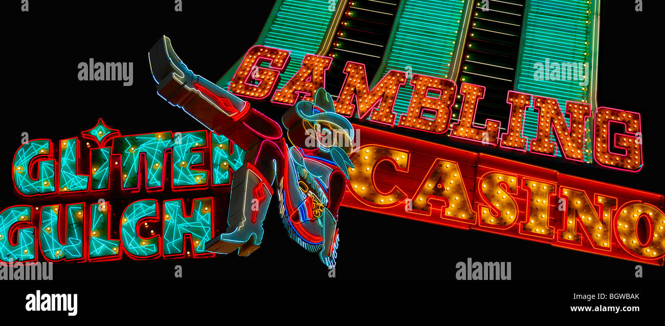 A montage of the well known neon signs found in old Las Vegas on Fremont Street.  Includes the cowgirl from Glitter Gulch & more Stock Photo