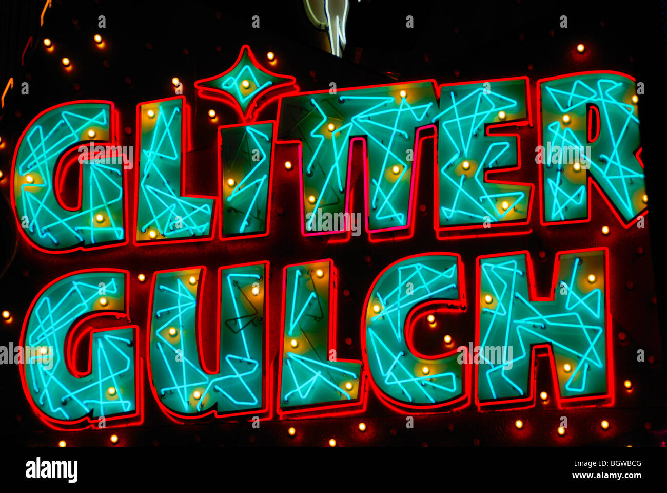 This Glitter Gulch neon sign is atop a famous strip club on Fremont Street, Las Vegas, Nevada. Stock Photo