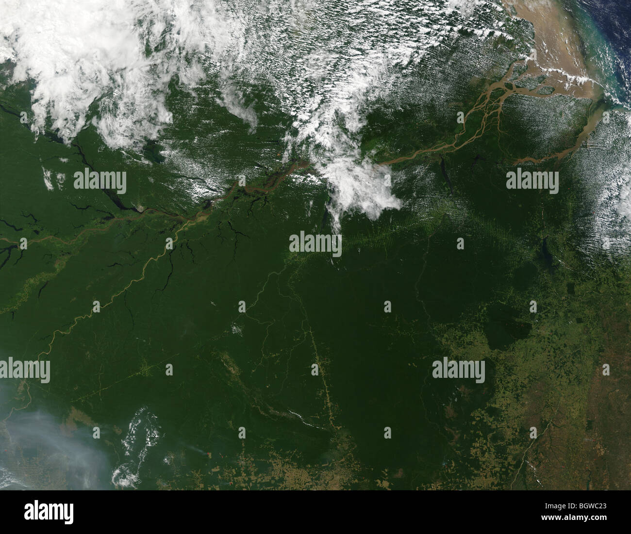 Satellite view of the Amazon river, with fires detected by infrared camera. credit NASA Stock Photo