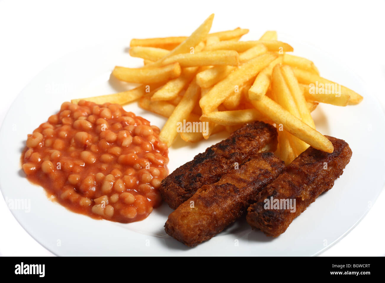 A typical English fast-food meal of fish fingers, beans and chips (french fries) side view Stock Photo