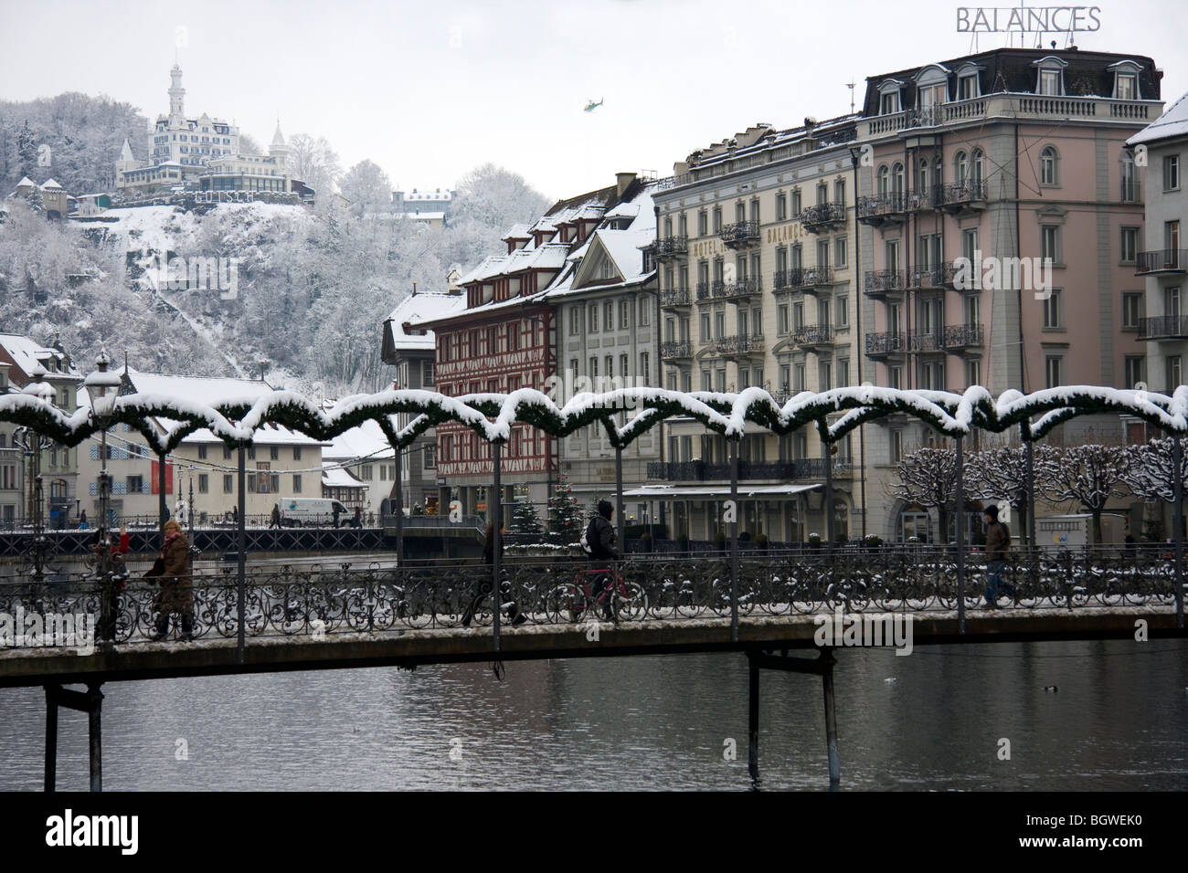 View of snow covered bridge in Lucerne, Switzerland Stock Photo