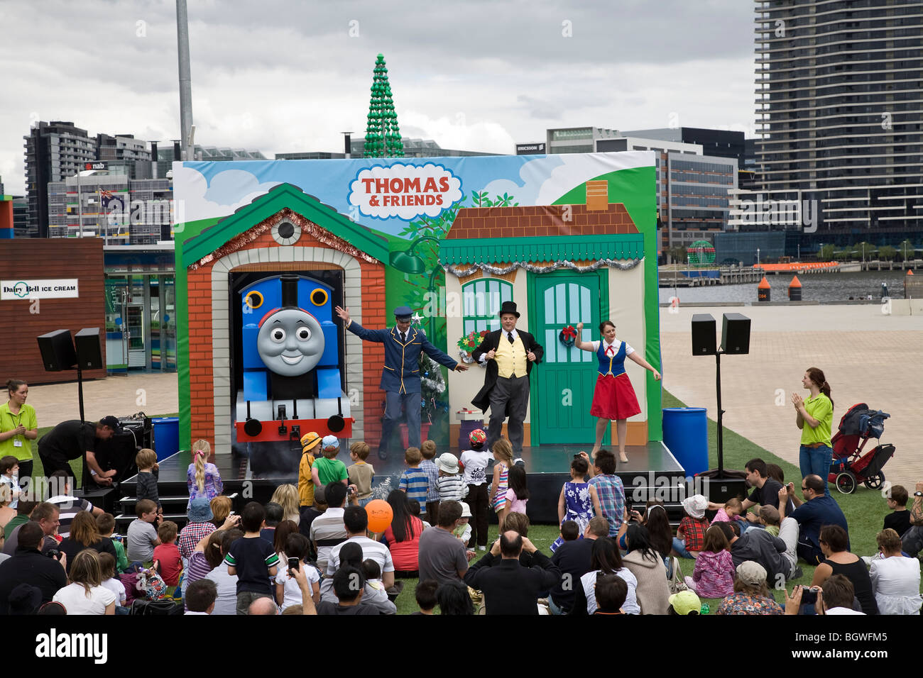 Children watching Thomas the Tank Engine at Melbourne Docklands, Australia Stock Photo