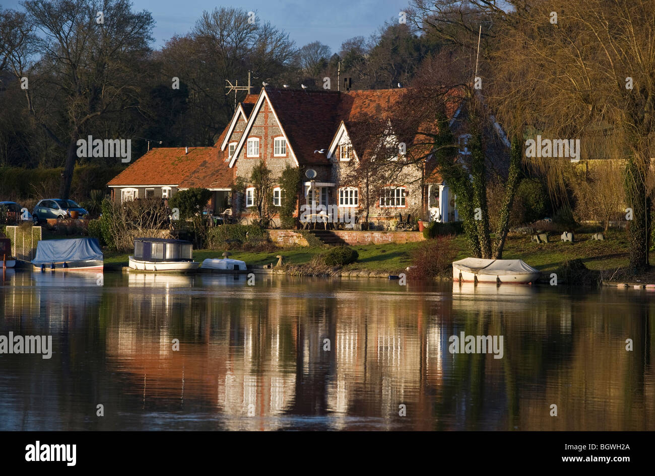 Riverside properties and houses at the River Thames upstream of