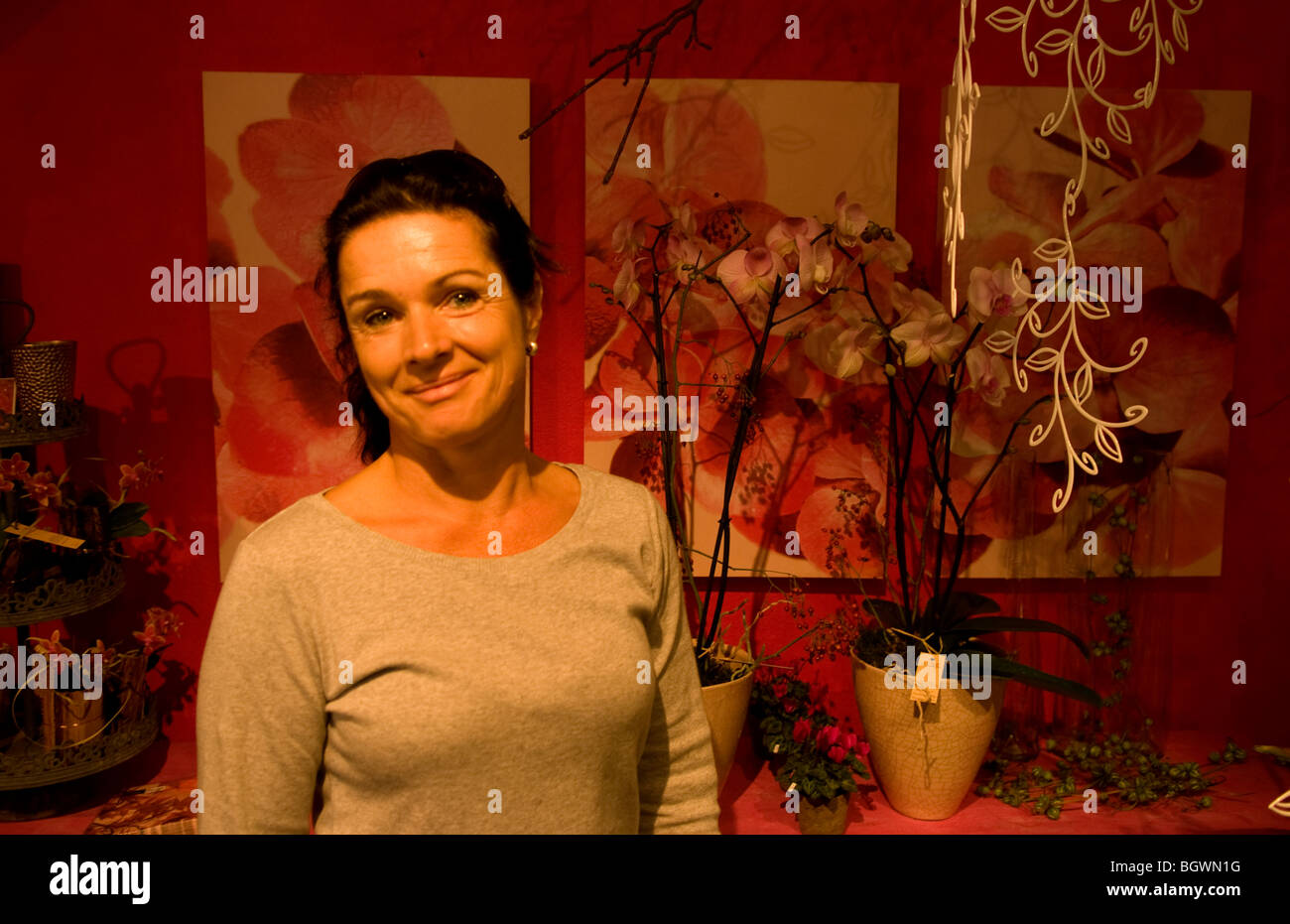 Woman owner of flower store in Mettmenstetten village near Zurich Switzerland Stock Photo