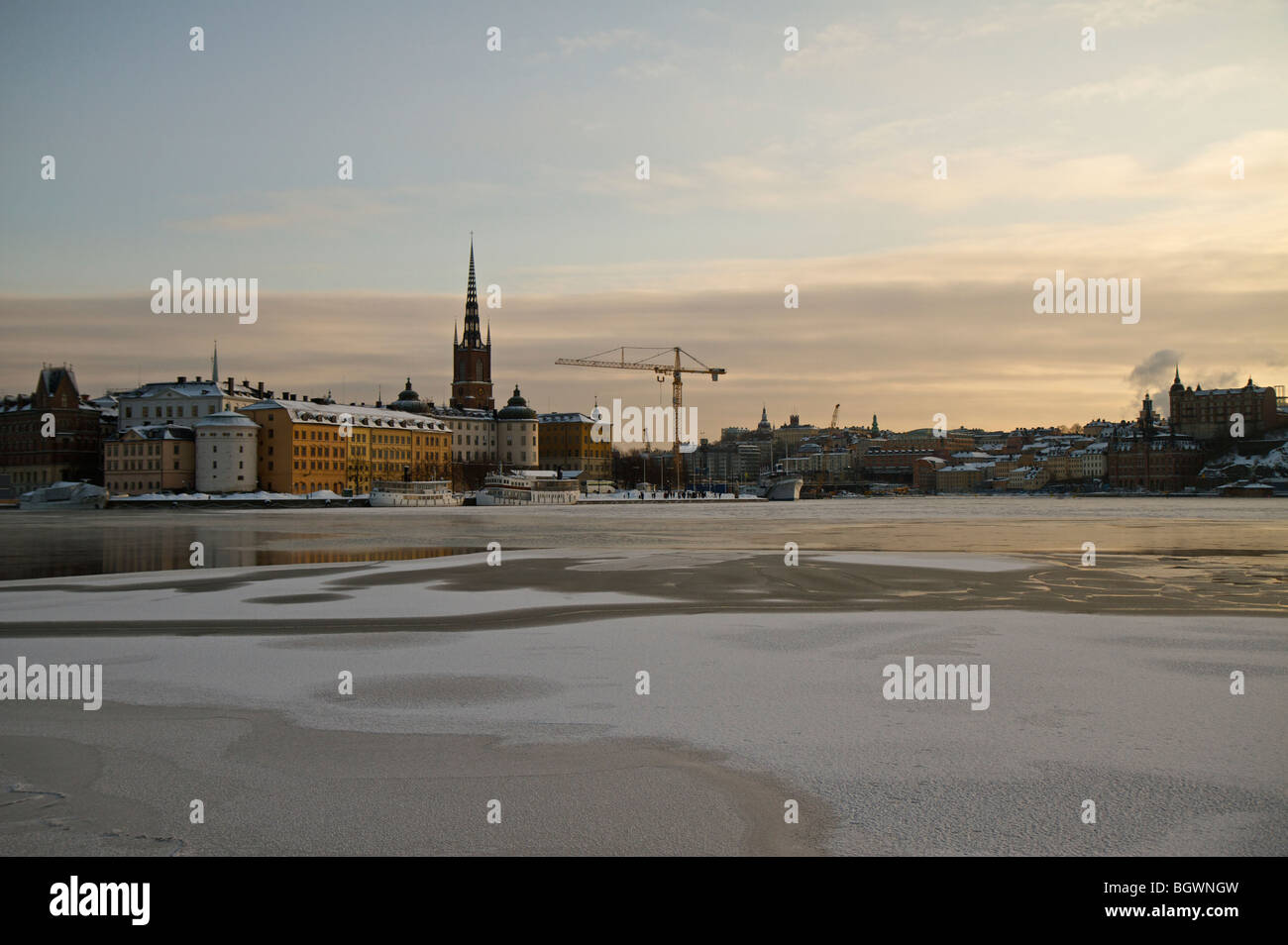 View over to Gamla Stan with Riddarholmskyrkan in the background Stock Photo