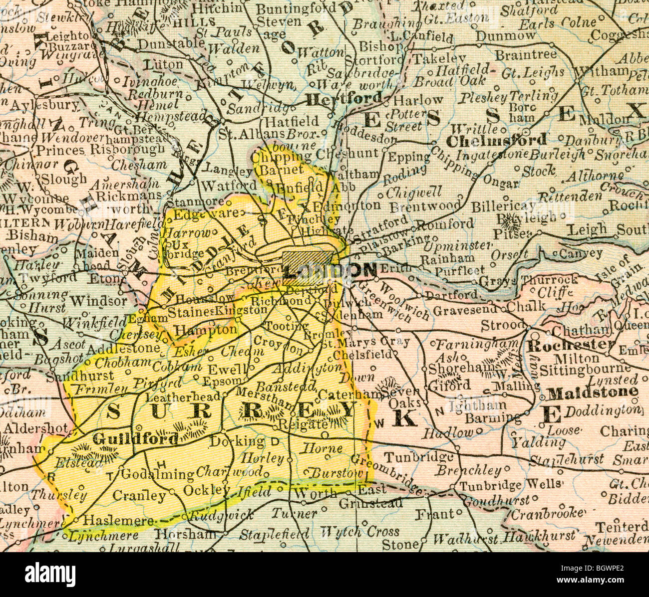 Old map of Greater London from original geography textbook, 1884 Stock Photo