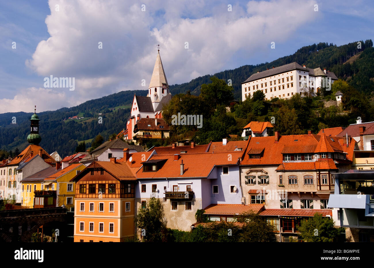 Old historical old town of Murau Austria downtown and churches and Mur River Stock Photo
