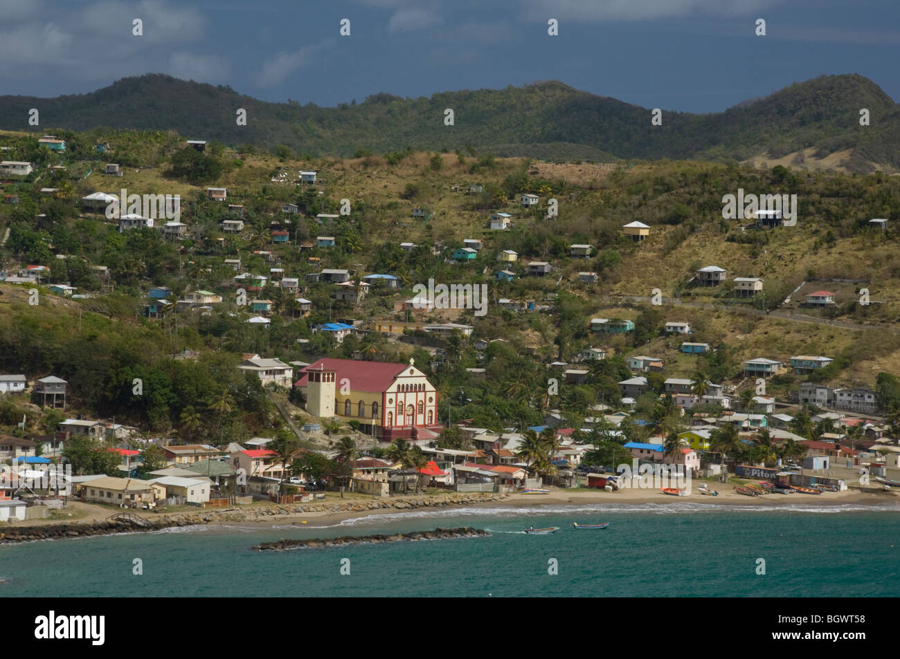An aerial view of the town of Dennery on the east coast of St Lucia