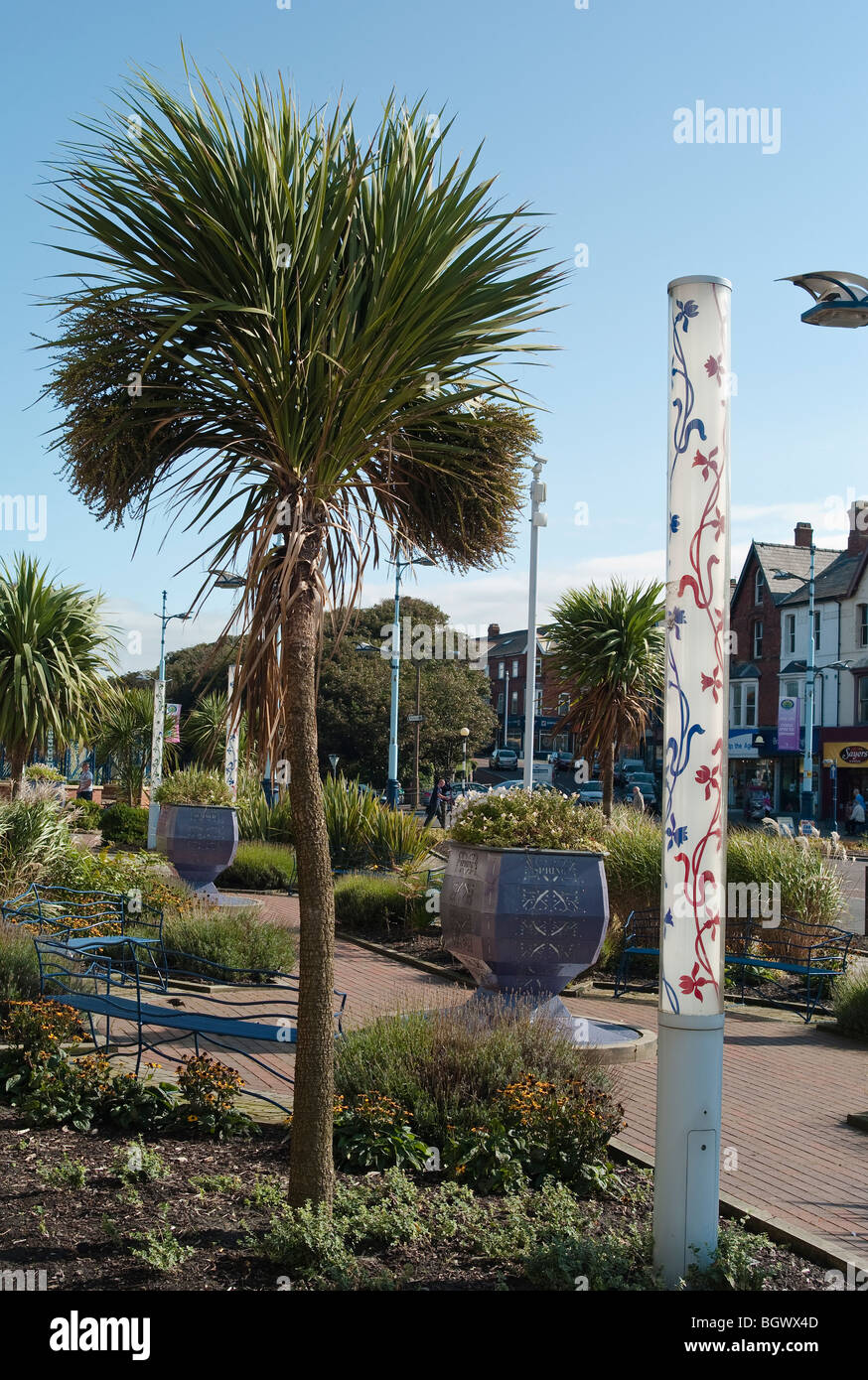 Palm trees and futuristic lamps in the centre of Lytham St Annes Lancashire UK Stock Photo