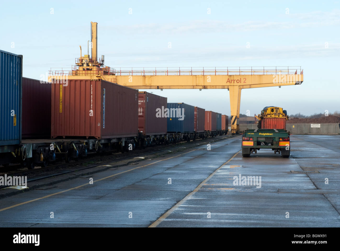 Intermodal Multimodal  shipping container road - rail interchange depot Stock Photo