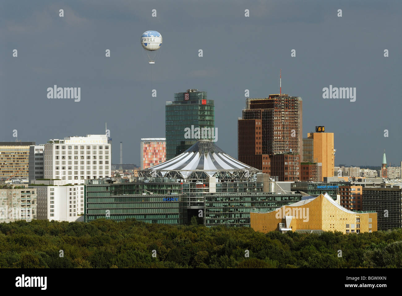 Berlin. Germany. Hi Flyer Helium Ballon flies above Potsdamer Platz. Stock Photo