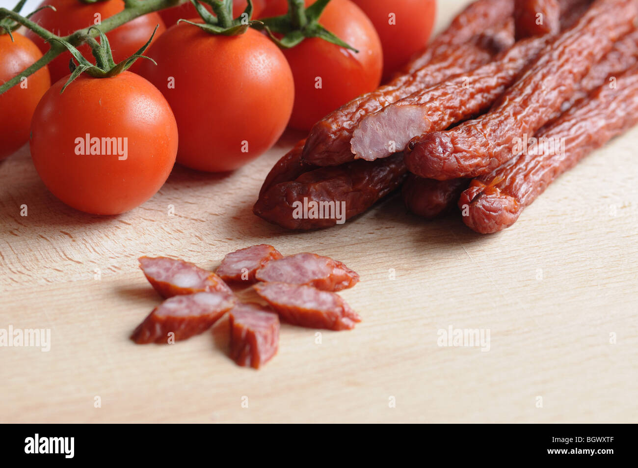 Traditional Polish Kabanosy sausages and tomatoes Stock Photo Alamy