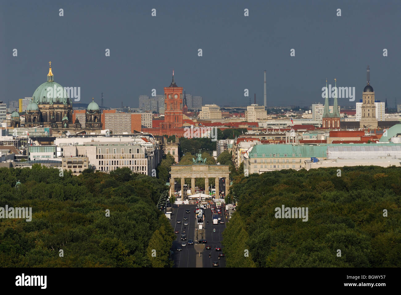 Berlin. Germany. View across the Tiergarten and Strasse des 17 Juni towards the Brandenburg Gate & Mitte. Stock Photo