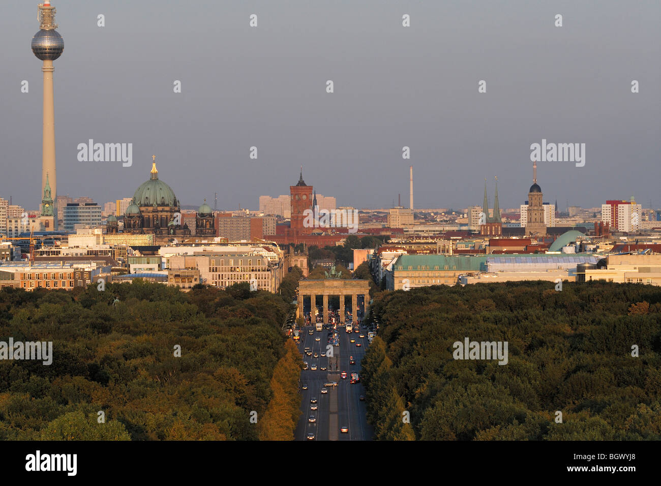 Berlin. Germany. View across the Tiergarten and Strasse des 17 Juni towards the Brandenburg Gate & Mitte. Stock Photo