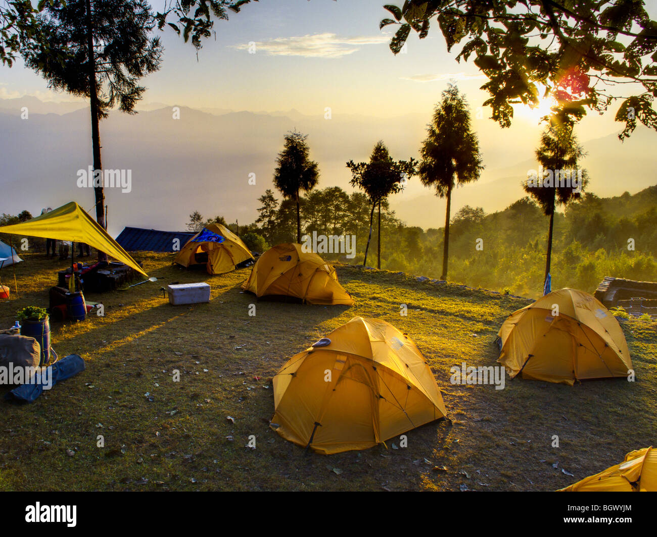 Camp tents during a trek to the Tamur river in Eastern Nepal. Stock Photo