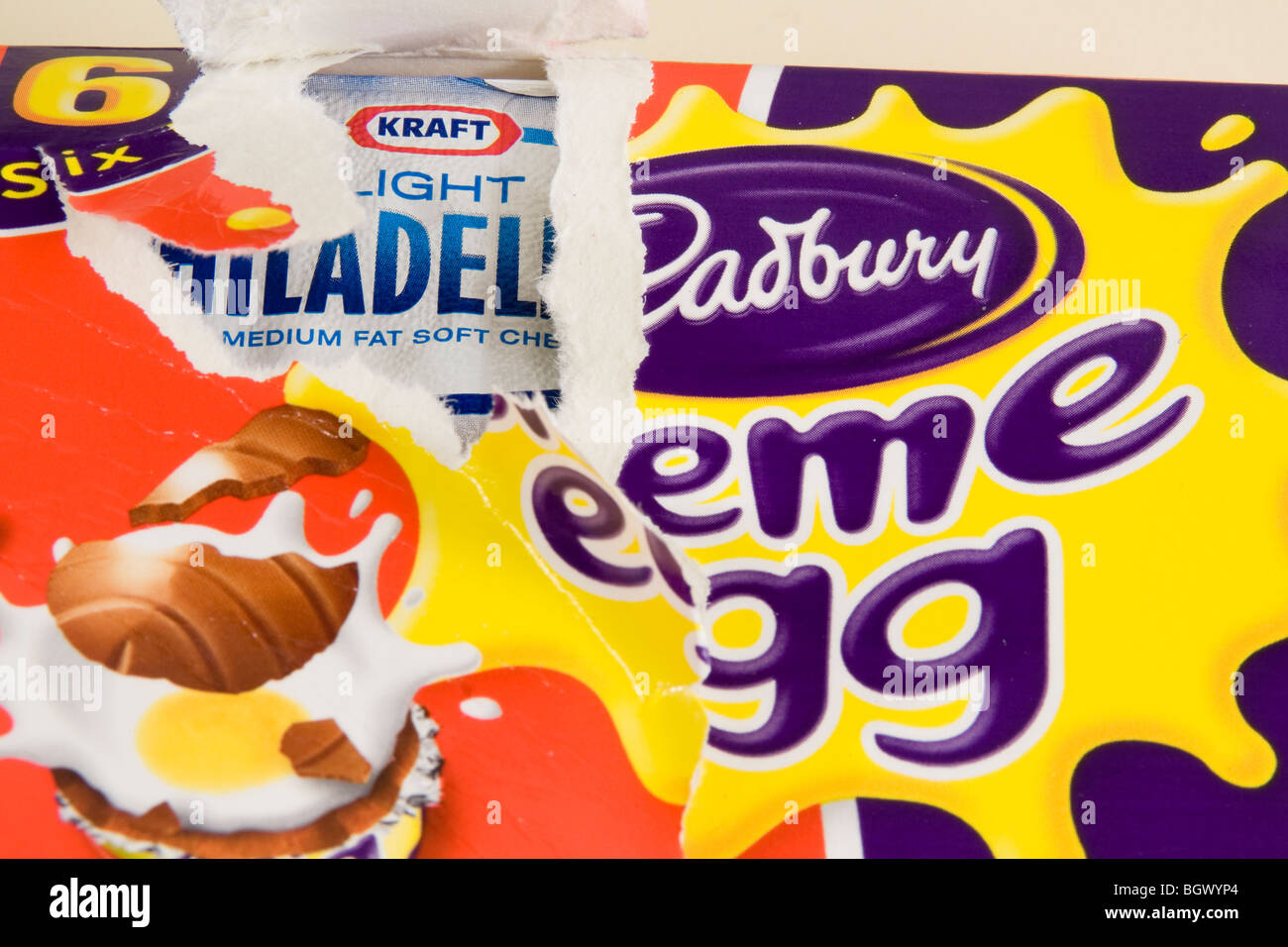 Cadburys Creme Egg Box containing Kraft cheese Stock Photo