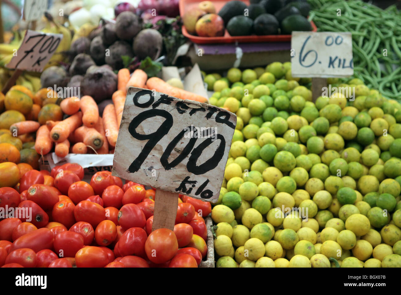 Vegetable and fruit stand in a Mexican flea and food market, Mazatlan