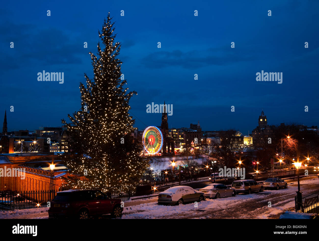 The Mound Christmas tree with snow Edinburgh Scotland UK Europe Stock