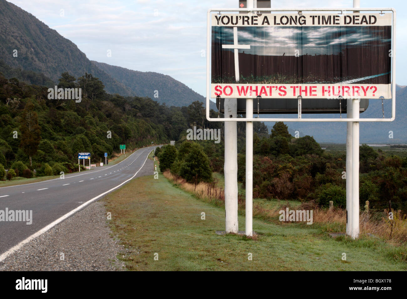 A road safety message on Highway 73 near Arthurs Pass in New Zealand Stock Photo