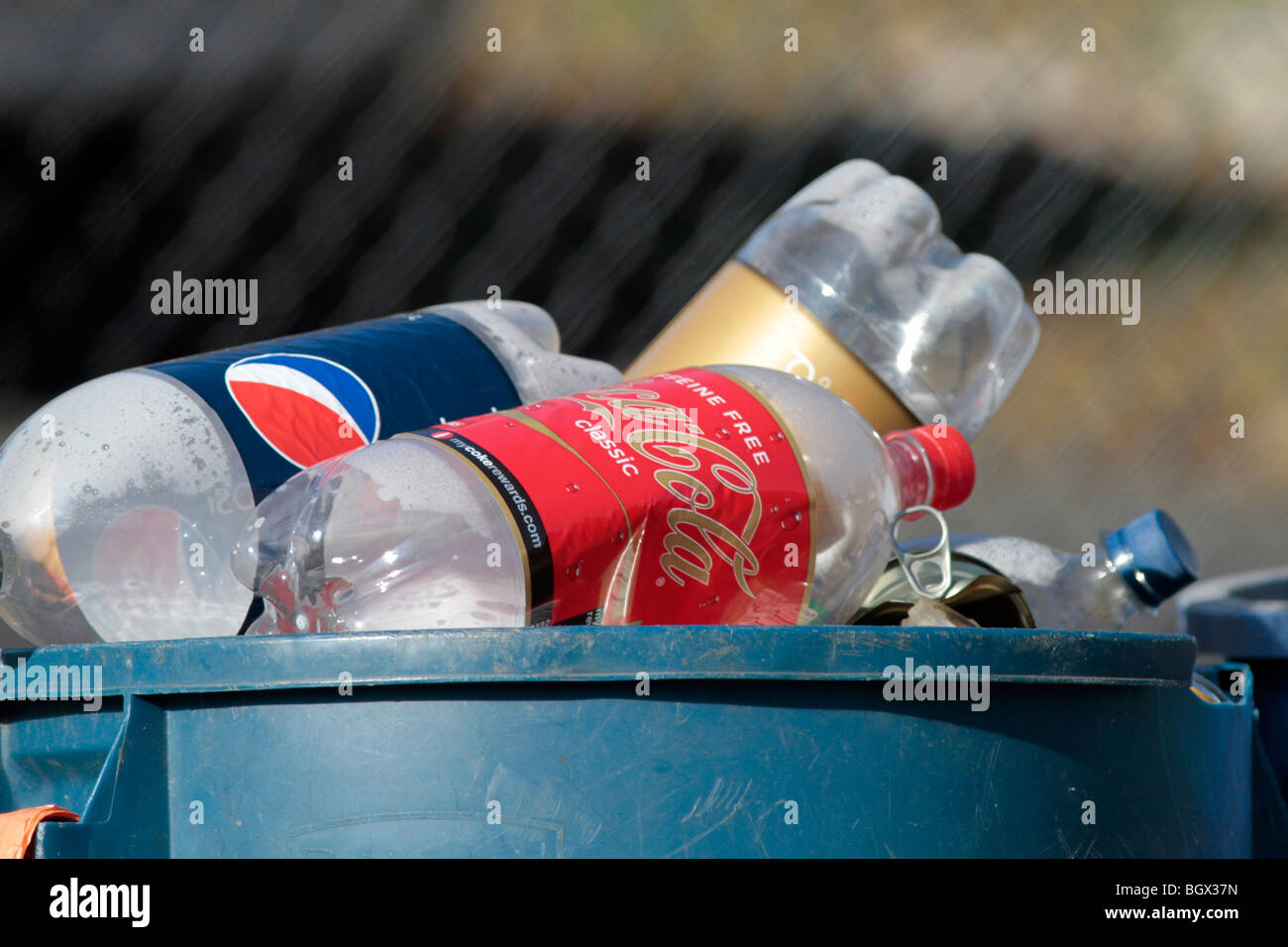 A recycling bin can barrel overflowing with plastic soda bottles Stock Photo Alamy