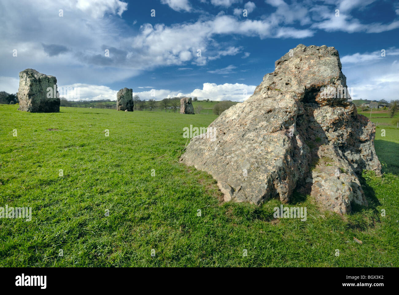 Ancient monolithic standing stones in Stanton Drew, Somerset on a sunny day. Stock Photo
