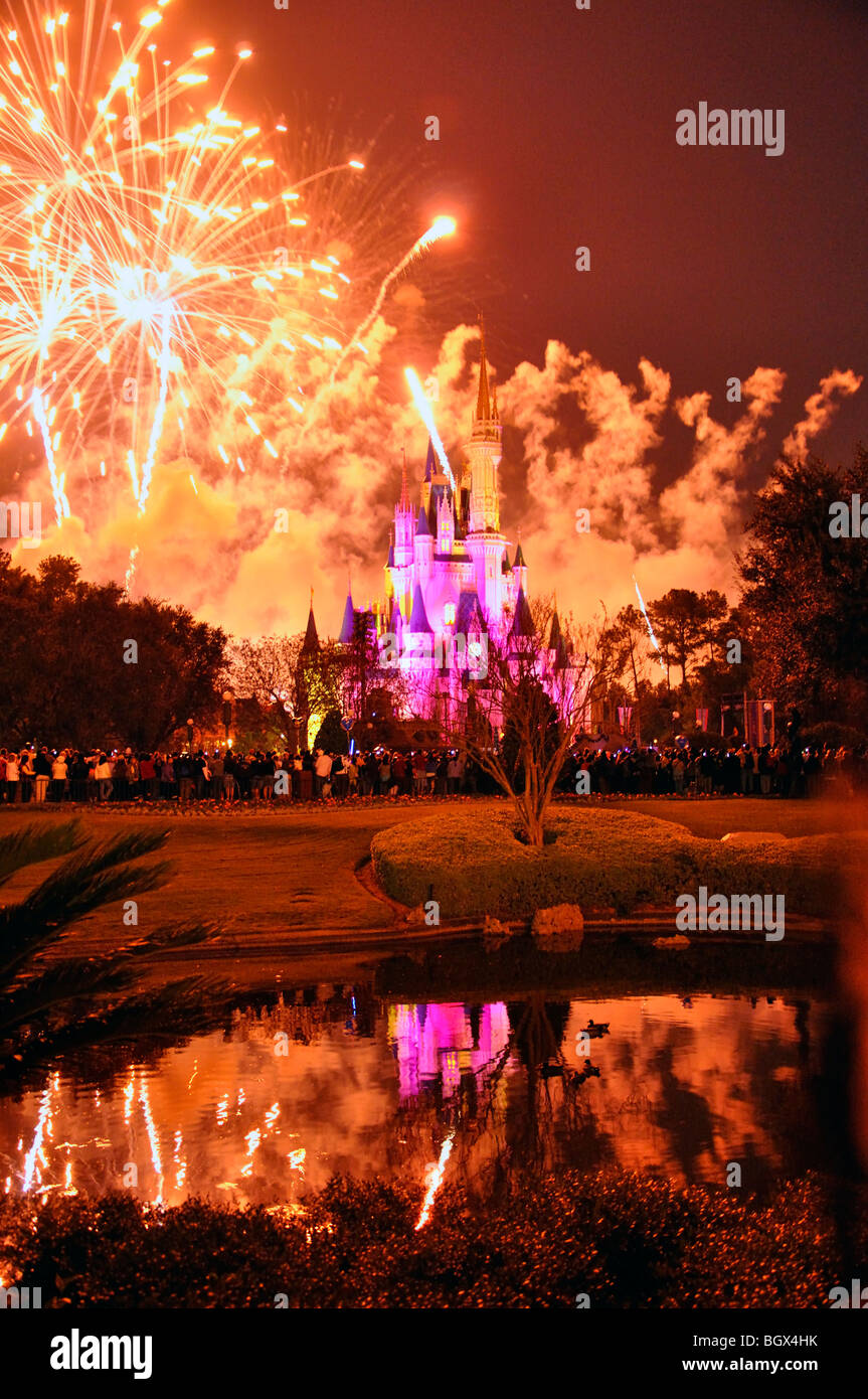 Light show at Cinderella's Castle in Magic Kingdom, Disneyworld, Orlando, Florida, USA Stock Photo