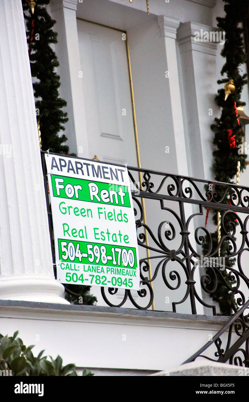 'Apartment for Rent' sign, French Quarter, New Orleans, Louisiana, USA Stock Photo