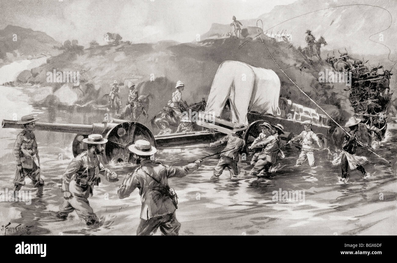 Taking a 4.7' naval gun across the Tugela river during the Battle of Colenso, Natal, South Africa in 1899 during Second Boer War Stock Photo
