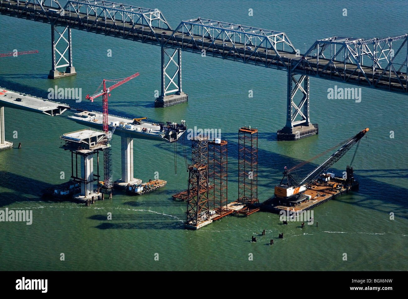 aerial view above construction of San Francisco Oakland Bay Bridge replacement span Stock Photo