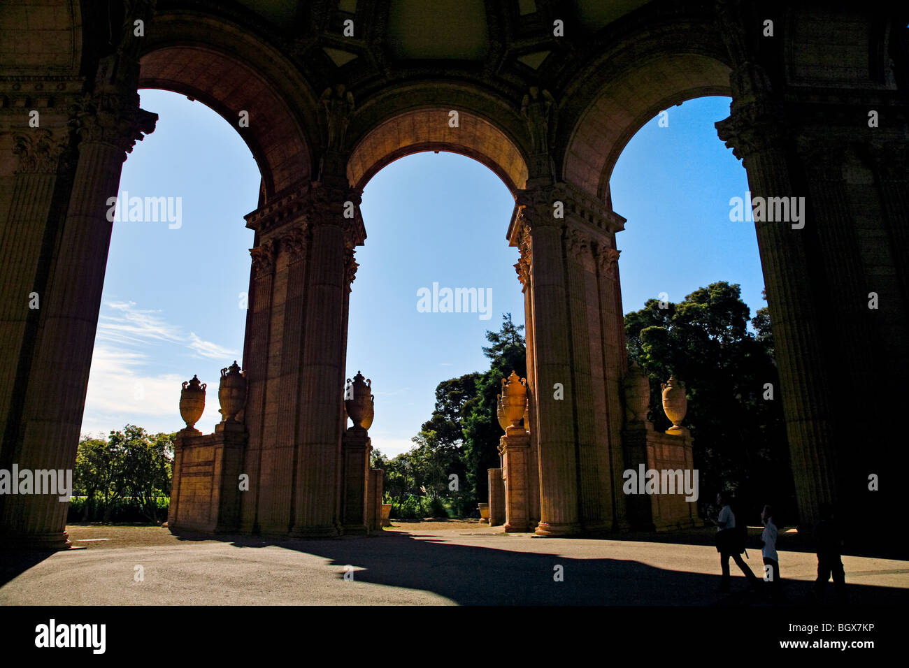 Visitors enjoy the Roman style columns which adorn the PALACE OF FINE ARTS THEATER - SAN FRANCISCO, CALIFORNIA Stock Photo