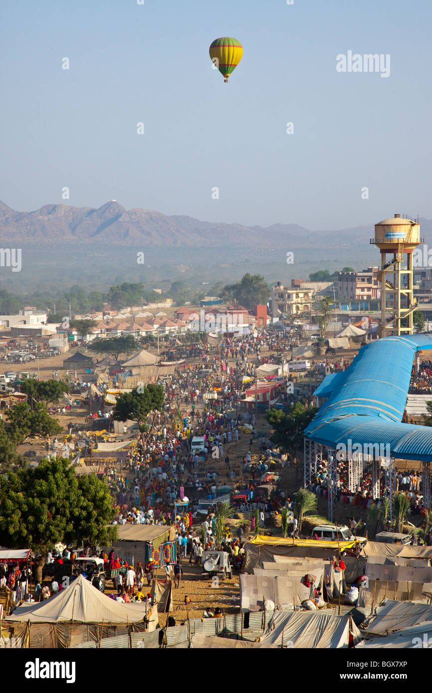 Hot air balloon over the Fairgrounds during the Camel Mela in Pushkar India Stock Photo
