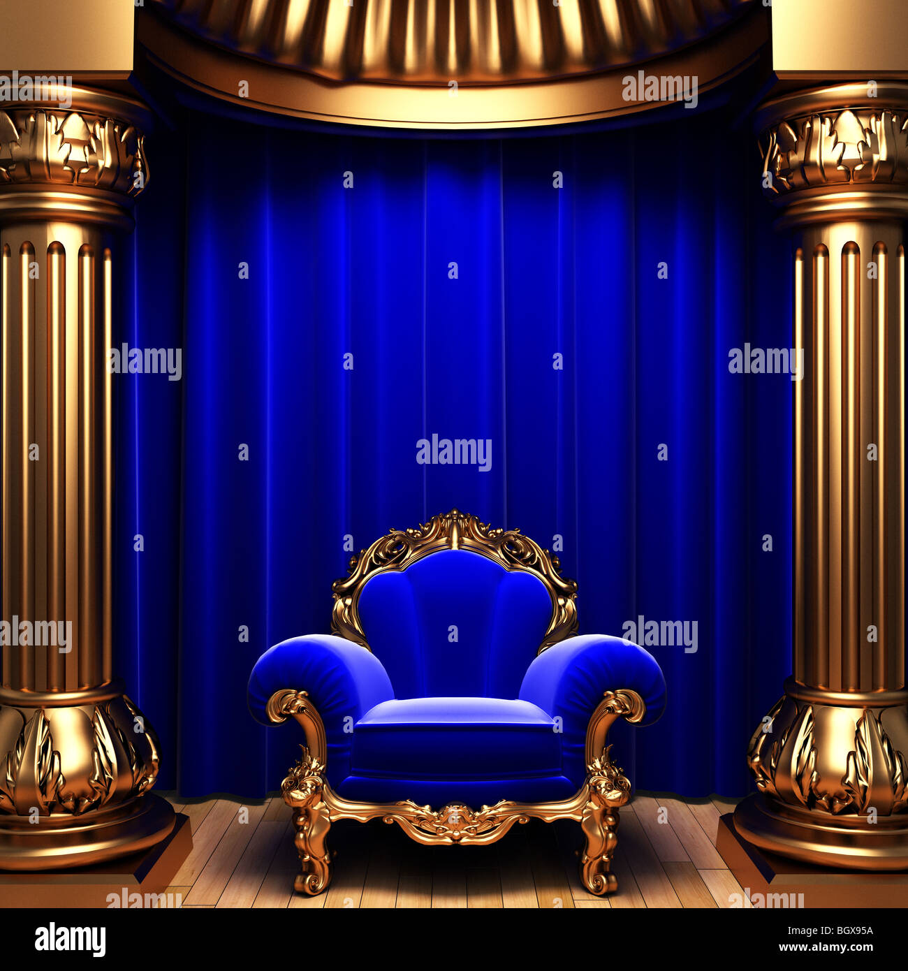 blue velvet curtains, gold columns and chair Stock Photo