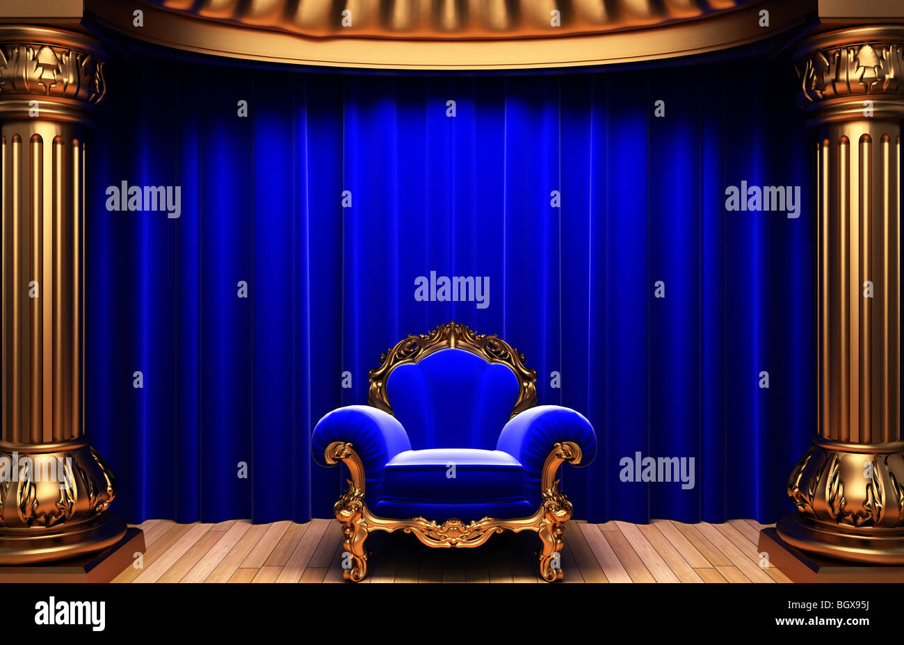 blue velvet curtains, gold columns and chair Stock Photo
