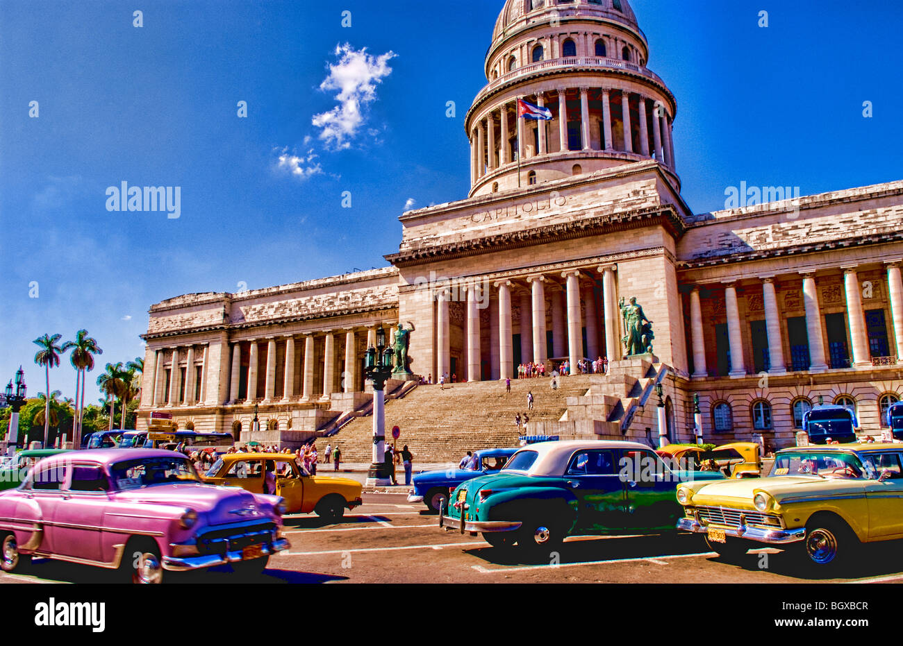 Old American classic cars in central Havana Cuba near Capitol showing old 50s autos days Stock Photo
