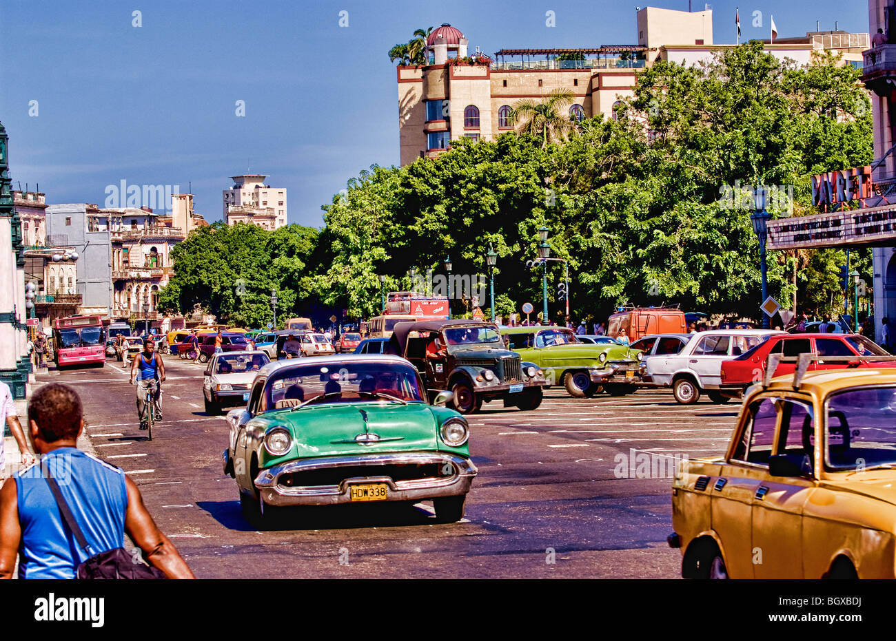 Old American classic cars in central Havana Cuba near Capitol showing old 50s autos days Stock Photo