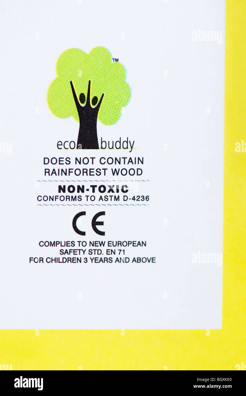 Eco Buddy, 'does not contain rainforest wood', eco paper labeling mark. Paper made from sustainable trees. India Stock Photo