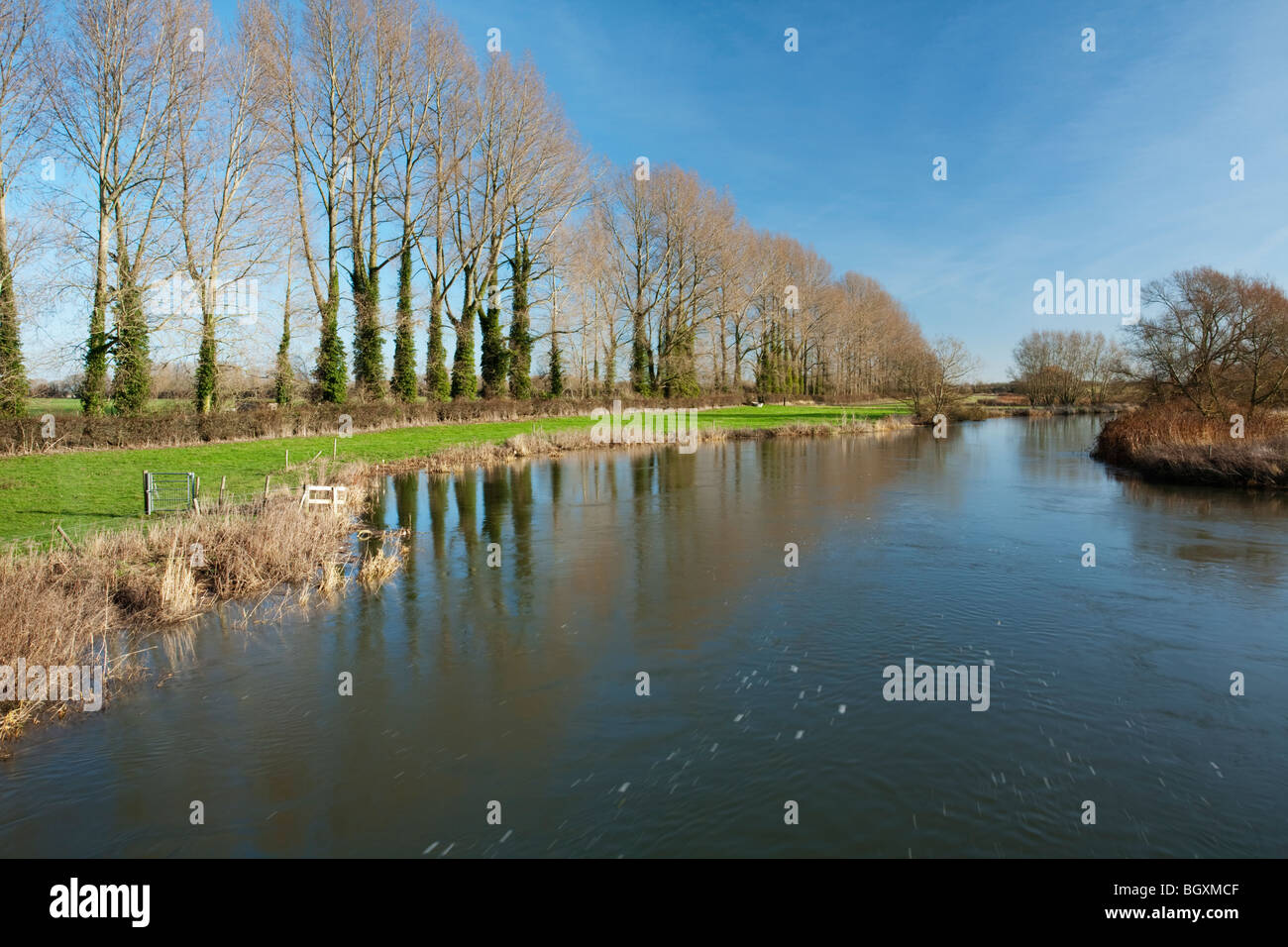 The River Thames from the footbridge downstream of Buscot Lock and Weir, Oxfordshire, Uk Stock Photo