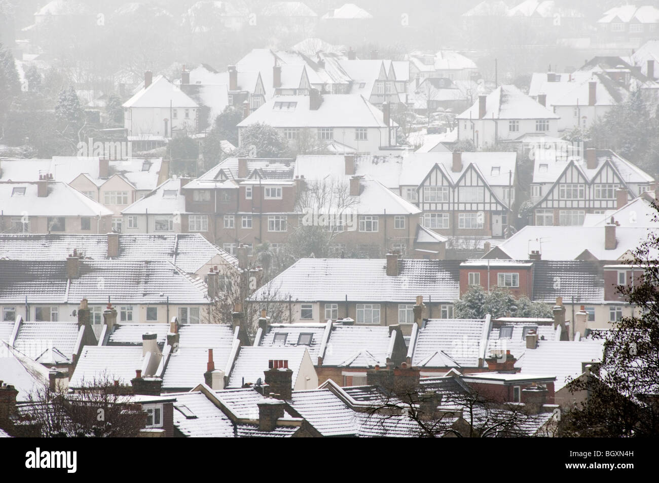 Shortlands in snow seen from Martin's Hill, Bromley, Kent, England