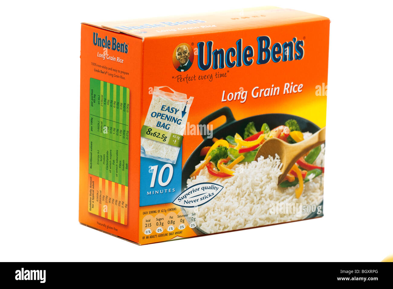 Eight 62.8g bags of Uncle Bens long grain white rice Stock Photo